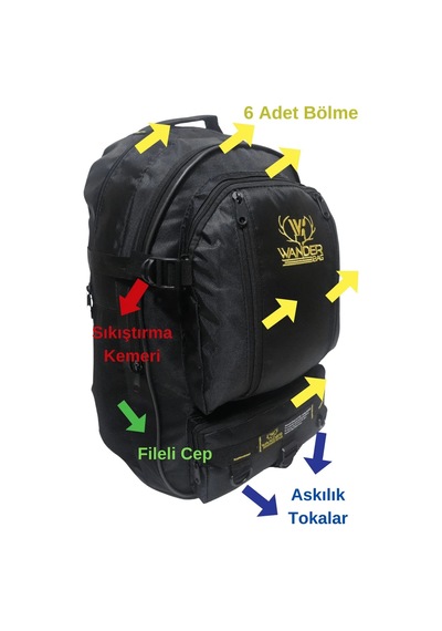 571 Collections Meschaın Wander 50 Lt Su Geçirmez Kumaş Trekking Yarı Dağcı Seyahat Avcı Kampcı Bisiklet Yürüyüş Körüksüz Sırt Çanta Siyah Açık Altın