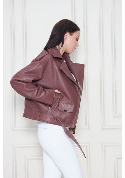 M M Marki Marki Kadın Hakiki Jumbo Deri Ceket Biker Tarz, Kemerli, Oversize, Apoletli, 62 Cm, Kahverengi - 117822