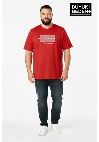 Superlife Erkek Büyük Beden Los Angeles Baskılı 3xl-6xl Bisiklet Yaka Tshırt Spr26bts510-18 Kırmızı