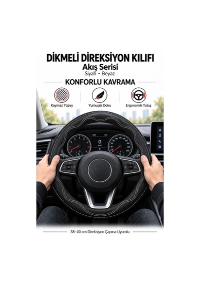Trobus Ford Transit Connect 2002-2013 Uyumlu Dikmeli Direksiyon Kılıfı Akış Siyah Beyaz Siyah - Beyaz