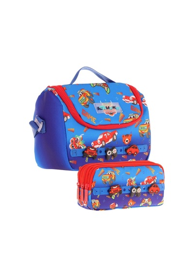 Kaukko Kids Isı Yalıtımlı Beslenme Çantası Ve Üç Gözlü Kalemlik Seti - Erkek Çocuk, Mavi Kırmızı Silikon Aksesuarlı Mavi - Kırmızı