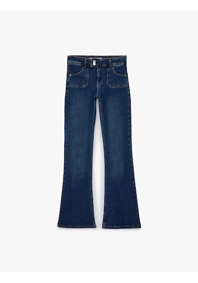 Koton Düğme Detaylı Düşük Bel Pamuklu İspanyol Paça Denim Pantolon - Flare Jeans Koyu İndigo 6sal40263md Indigo