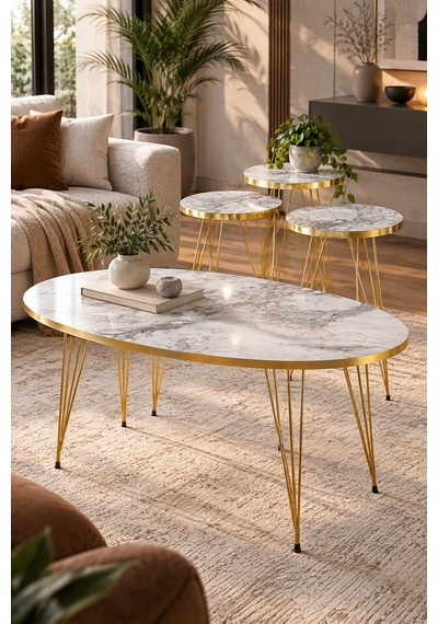 Sulorahome Elips Gold Orta Ve Zigon Sehpa Seti 4 Parça Beyaz Mermer - Siyah