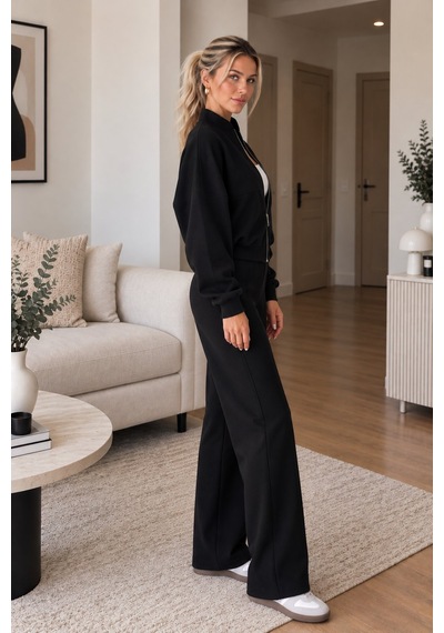 Lima Siyah Kadın Fermuarlı Dik Yaka Eşofman Takımı Oversize Sweatshirt Ve Bol Paça Pantolon İkili Takım