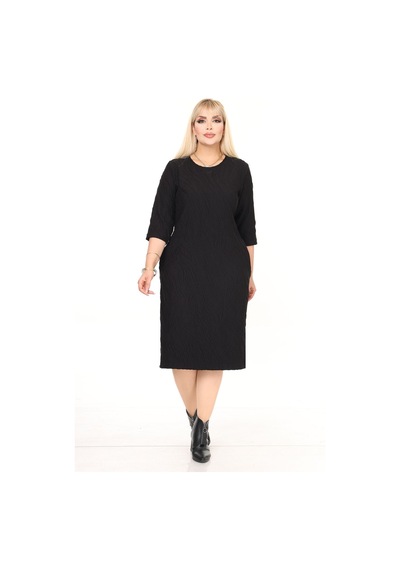 Çift Cepli Desenli Esnek Kışlık Büyük Beden Midi Elbise 9f-2731 Siyah
