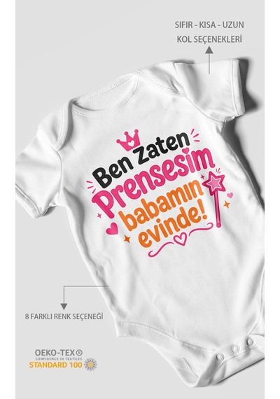 Morivokids Ben Zaten Prensesim Babamın Evinde Kısa Kollu Bebek Body %100 Pamuk Beyaz