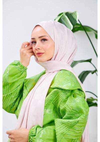 İpekhan Damalı Desen Jakarlı Şal Pudra