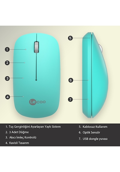 Lecoo WS214 Kablosuz 1200DPI 3 Tuşlu Optik Mouse