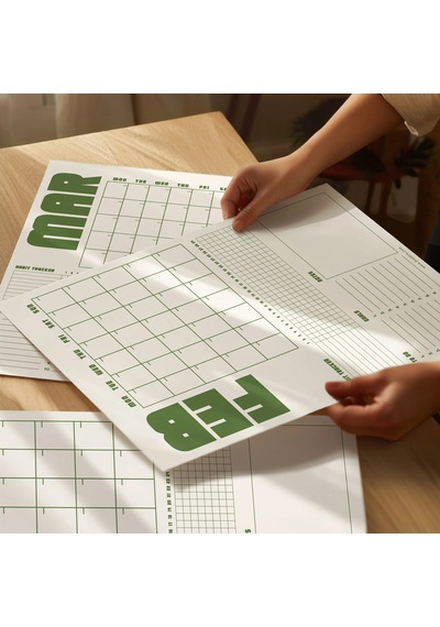 Tarihsiz Aylık Planlayıcı Takvim, Matcha Yeşil Retro Organizer Duvar Planlayıcı
