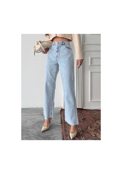 Blue Marlın Yüksek Bel Tam Kalıp Paça Kesik Boru Paça Jeans Mavi