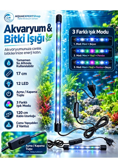 Akvaryum Işığı - Balık Işığı - Bitki Işığı - 17 Cm - 12 Led - Tamamen Su İçinde Kullanılabilir - 3 Modlu - 2w - Mükemmel Işık