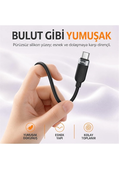 Usb-c To Usb-c Silikon Hızlı Şarj Ve Veri Kablosu, 60w Pd 480 Mbps, Yumuşak Ve Dolaşmaya Dirençli, Telefon Tablet Laptop Uyumlu, 1 Metre, Siyah