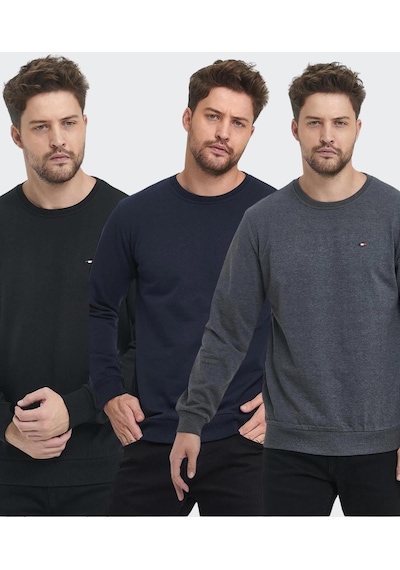 Metalic Erkek Siyah-lacivert-antrasit Bisiklet Yaka Nakış Detaylı Regular Fit 3'lü Sweatshirt Mmtlce70-3 001