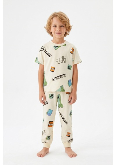 Bunny Hopp Yazlık Kısa Kollu Erkek Çocuk Pijama Takımı Oyun Desenli %100 Pamuk Krem