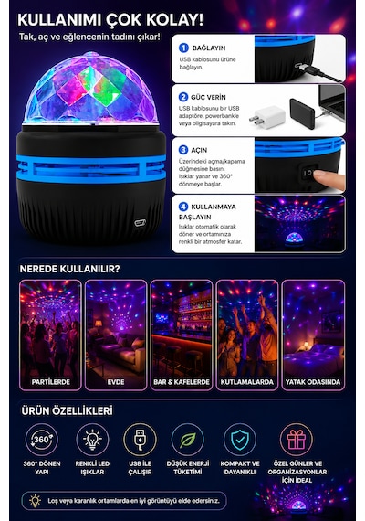 360 Dönen Led Disko Işığı Usb Renkli Gece Lambası Parti Oda Bar Kulüp Aydınlatma Siyah