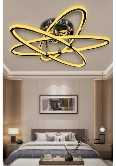 Atom Çift Ledli 3 Kol Led Avize - Kumandalı / Krom Krom