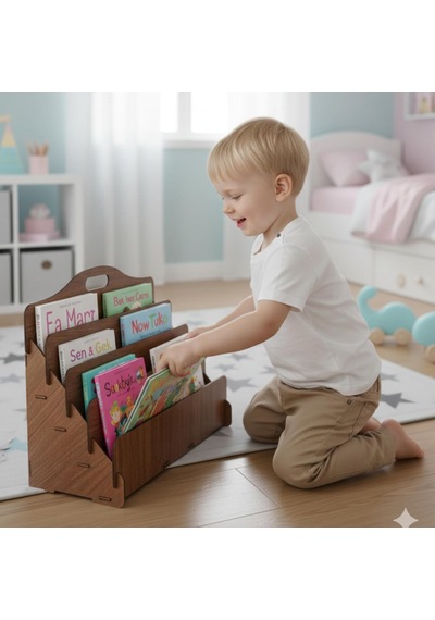 Carry Montessori 4 Raflı Ahşap Mini Kitaplık -çocuk Odası Kitaplık Ceviz Renk Diğer