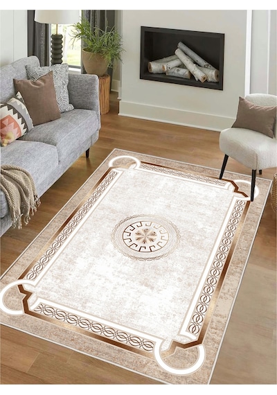 STY Home Krem Dijital Baskı Salon Halısı Kaymaz Tabanlı Yıkanabilir Halı Yolluk 535 Krem