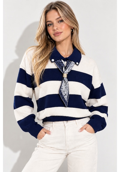 Ribana Classic Kadın Polo Yaka Çizgili Uzun Kollu Triko Kazak A2g2 Lacivert-aw18