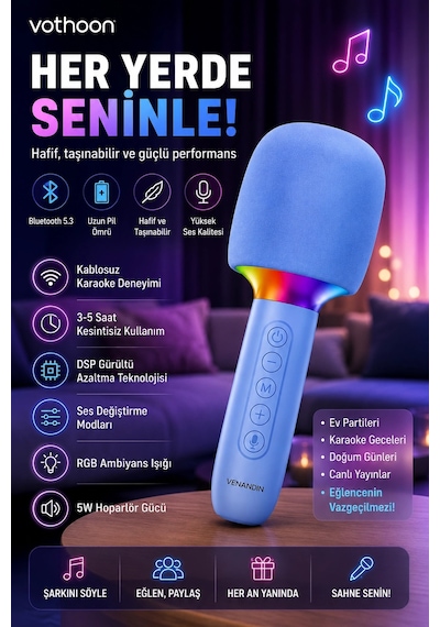 Çocuk Ve Yetişkin Karaoke Mikrofonu Kablosuz Rgb Ambiyans Işığı Ses Değiştirme Modlu Hoparlör