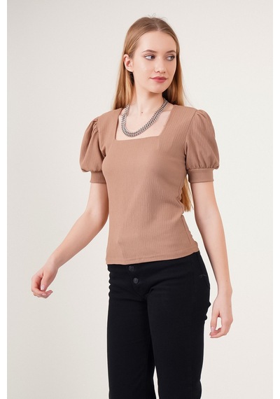 Hiccup Bdart Slim Fit Kare Yaka Bluz Deve Kahvesi