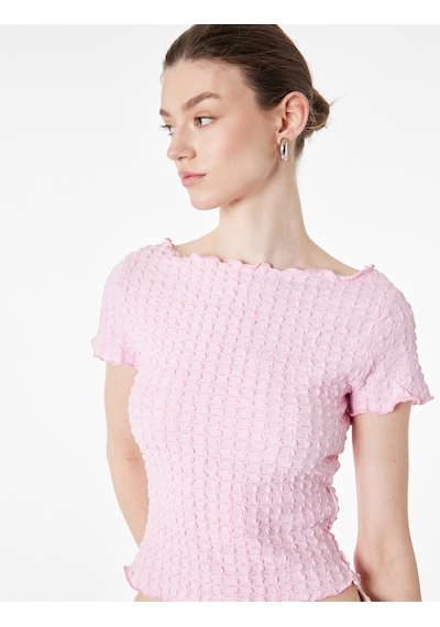 Koton Bürümcük Kumaş Slim Fit Kısa Kollu Omzu Açık Kayık Yaka Bluz Pembe 6sak10364ek Gül