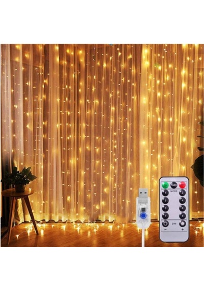 Kumandalı Peri Tel Led Aydınlatma 300 Ledli Perde Işık 10 Saçaklı 3x3 Metre Dekoratif Duvar Işığı Parti Ve Yılbaşı Süsü Usb Kablolu