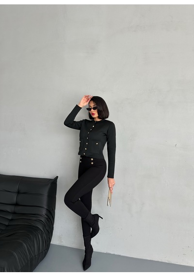 Loısy Kadın Gold Düğmeli Çift Cepli Triko Hırka Siyah