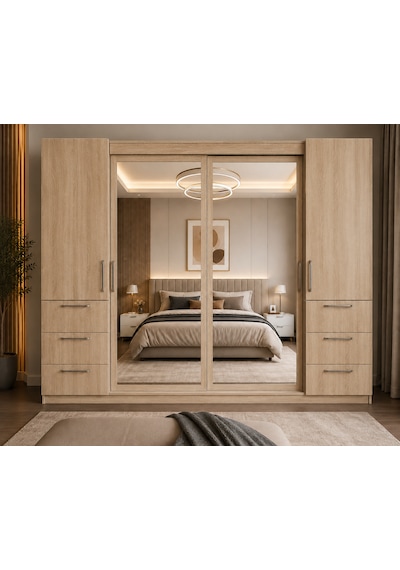Alya Tamamı Mdf Sürgü Kapaklı Dolap Gardırop Meşe 240 Cm