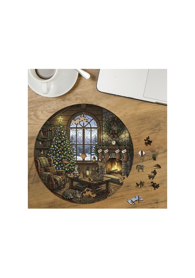 Sıcacık Şömineli Yılbaşı Evi Tasarımlı Özel Kesim Yuvarlak 272 Parça Ahşap Puzzle Mpda680