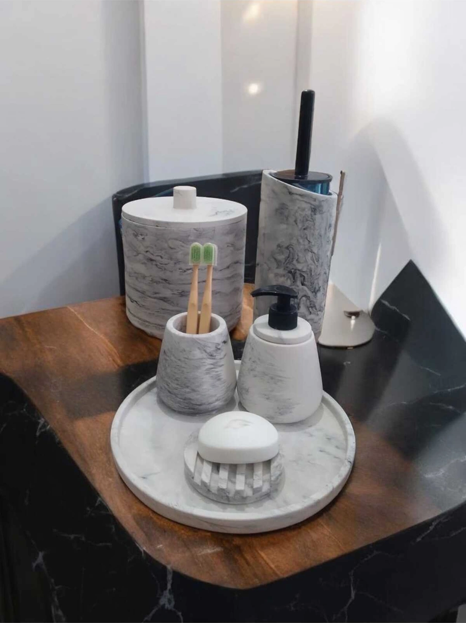 Mermer Desen Beton Banyo Seti,tuvalet Wc,çöp Kovası, Sabunluk,tepsi,mumluk,aksesuar,dekorasyon Gri