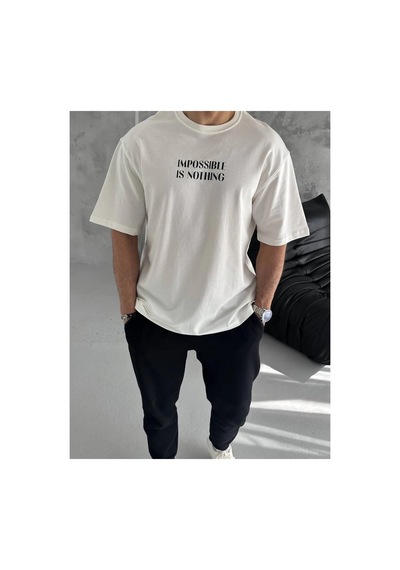 Erkek Tişört Bisiklet Yaka Baskılı Oversize Kısa Kol T-shirt - Beyaz