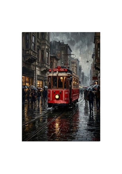 Yağmurlu İstanbul İstiklal Tramvay Sokak Dekoratif Kanvas - Mdf Ahşap Tablo Çok Renkli