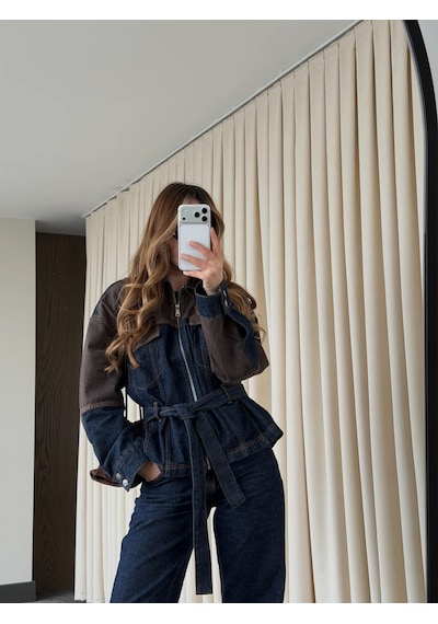 Laluvia Lacivert - Kahve Bağlamalı Ceket Pantolon Denim Takım - 0836 Lacivert