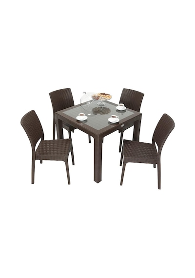 Depootoptan Mandella Elit Rattan 90 x 90 CM Elit Sandalye Camlı Masa Takımı Kahver Kahverengi
