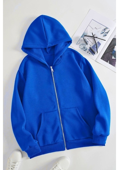 Baskısız Fermuarlı Hırka Sweatshirt - Saks Mavi Oversize Kışlık Kalın Kapüşonlu Saksmavi-