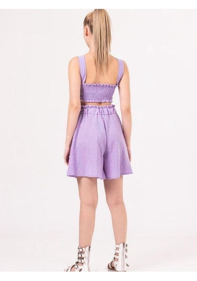Kız Çocuk Keten Kısa Crop Bluz-13938-lila Lila