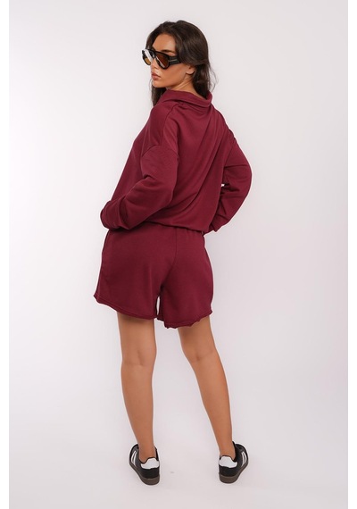 Madmext Bordo Polo Yaka Kadın Şort Sweatshirt Takım Mg2375