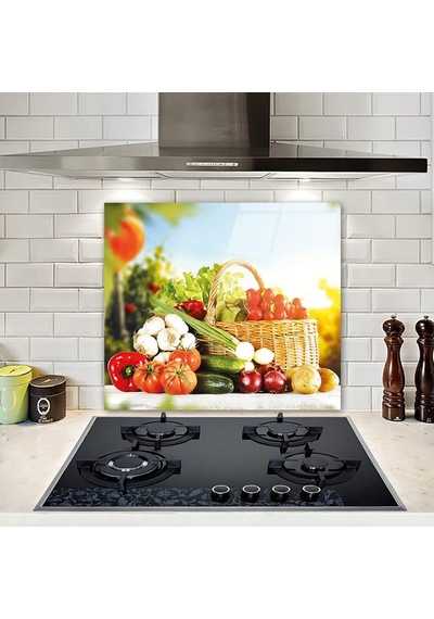 Sebze Sepeti Cam Ocak Arkası Koruyucu 49,5cm X 76cm Çok Renkli