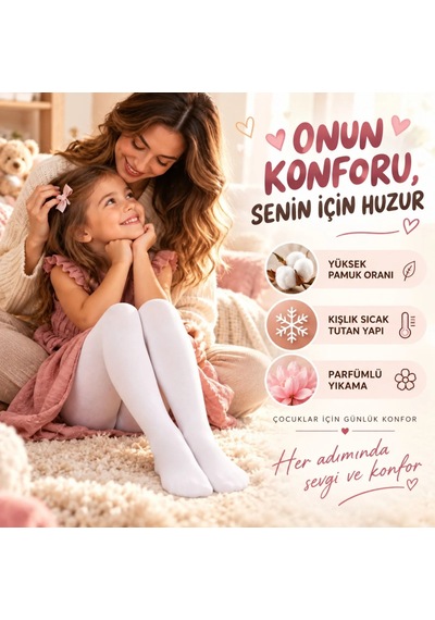 Teorastore Çocuk Beyaz Külotlu 3'lü Çorap Yüksek Pamuklu Kışlık Parfümlü Yumuşak Dokulu Esnek Rahat