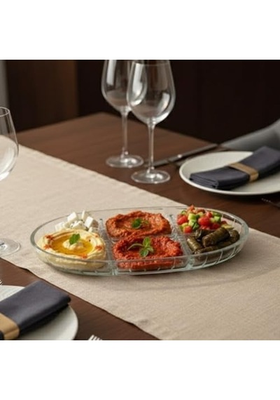 Şık Tasarımlı 3 Bölmeli Cam Kahvaltılık 27x15 Cm Dayanıklı Servis Tabağı, Çok Bölmeli Sunum Kabı, Çiz Diğer