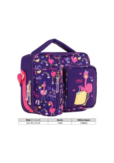 Kaukko Kız Çocuk, Mor Pembe, Flamingo Baskılı Isı Yalıtımlı Üç Bölmeli Matara Cepli Okul Beslenme Çantası L7223 Mor