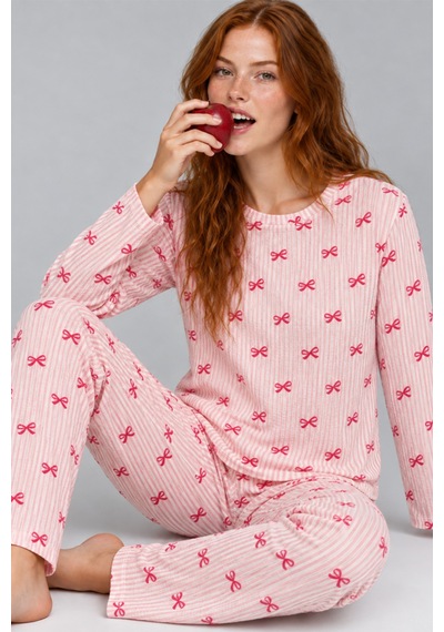 Kadın Çizgili Rahat Kalıp İkili Açık Pembe Pijama Takımı 4805
