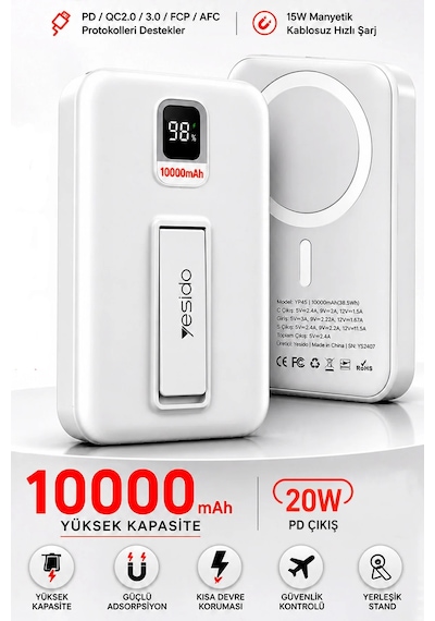 Exenar - Beyaz - 15w Kablosuz Şarjlı Powerbank Standlı Magsafe Pd 20w Hızlı Şarj 10.000 Mah Dijital Göstergeli