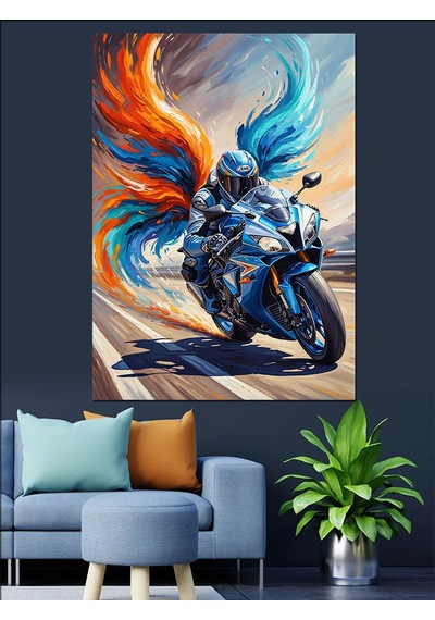 Ahşap Tablo Motosikletli Alevli Savaşçı Çizimi