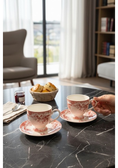 2 Kişilik Vintage Red Kahve Fincanı-5885 Kırmızı
