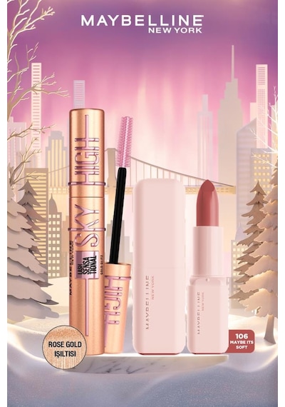 Maybelline New York Sky High Rosegold Glitz Maskara + Serum Etkili Hyalüronik Asit Ve Besleyici Yağ İçeren Ruj 106