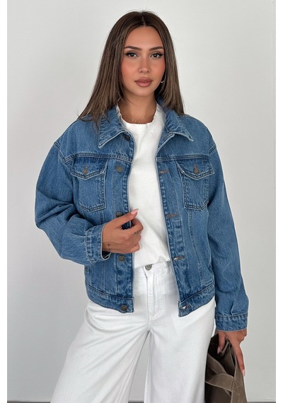 Kadın Açık Mavi Yıkamalı Oversize Beli Lastikli Düğmeli Kot Ceket 2 Beden Küçük Alın Lara-5011