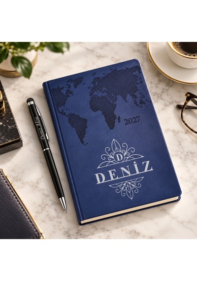 Bk Gift Kişiye Özel 378 Termo Deri Tarihli Ajanda & Siyah Touch Pen Tükenmez Kalem-16 Lacivert