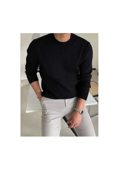 Cool Tarz Erkek Siyah Bisiklet Yaka Slim Fit Triko Kazak Siyah Siyah